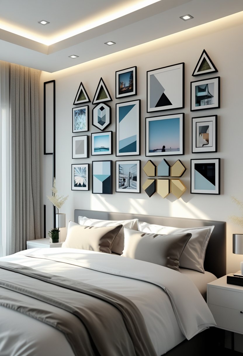 A modern bedroom with a bed and a wall decorated with framed photos and art arranged in geometric shapes.
