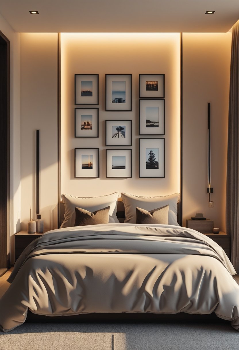 A bedroom with a neatly made bed and a geometric photo wall above it, softly lit to create a cozy atmosphere.