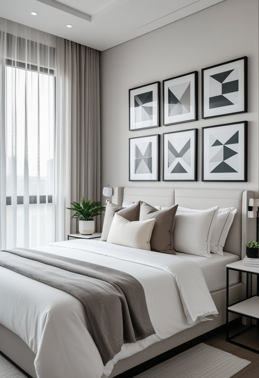 A bedroom with a bed, bedside table, lamp, potted plant, and a wall decorated with geometric framed art.