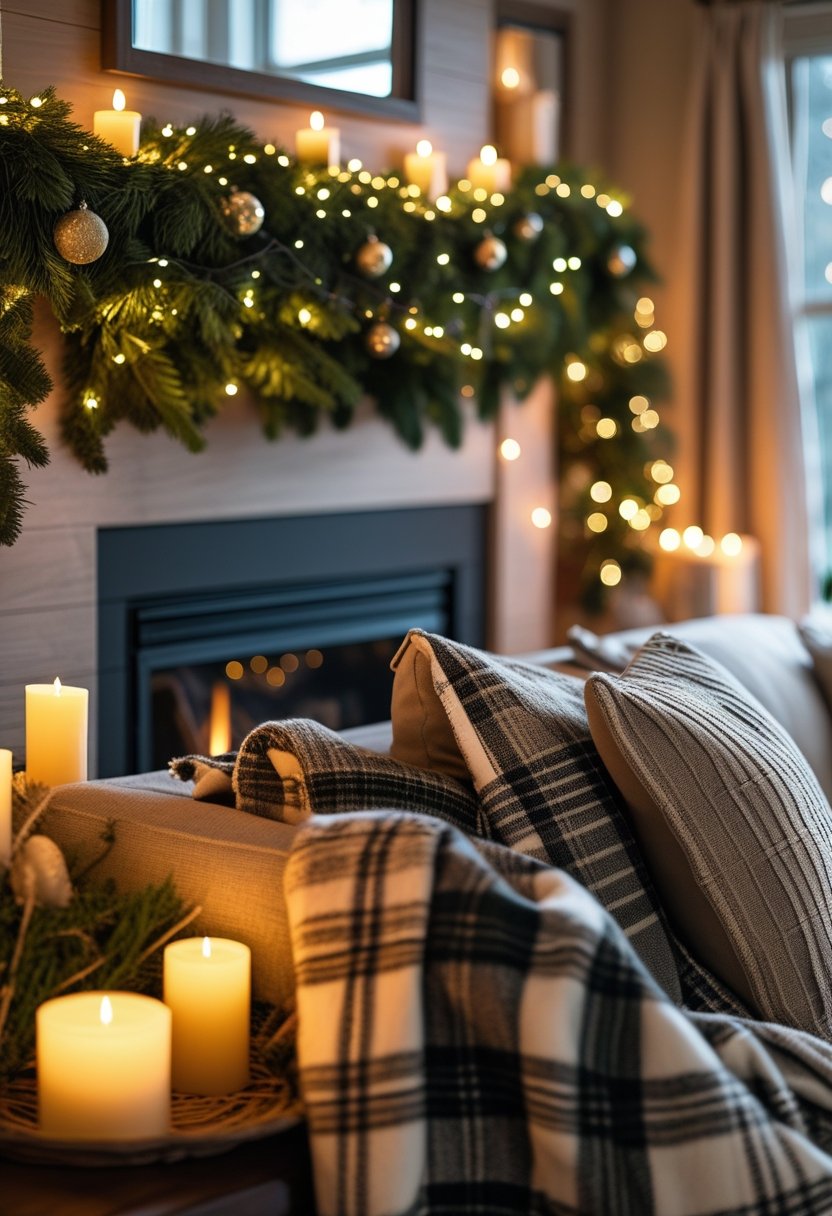 A cozy living room with plaid throws on a sofa, glowing candles, and a mantel decorated with green garlands and holiday lights.